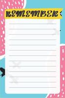 Remember. To do list with retro background and trendy lettering. Memphis style. Template for agenda, planners, check lists, and other stationery. Isolated. Vector stock illustration.