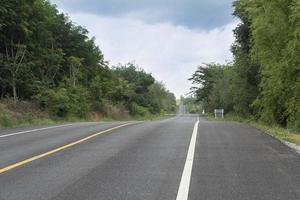 Long straight asphalt road ahead. With trees forest two beside. Trees were densely growing on both sides. White line and the solid yellow line in the no-overtaking zone. Cross-provincial area. photo