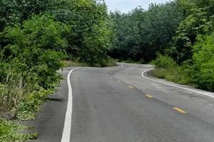 el camino pavimentado se curva de un lado a otro. con árboles de caucho dos al lado. los árboles crecían densamente a ambos lados. línea blanca y la línea amarilla continua en la carretera. área de agricultores en tailandia. foto