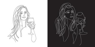 Woman with glass of wine set. Continuous line, one line, drawing of face and hairstyle, fashion concept, beauty minimalist, vector stock illustration for tshirt, slogan design print graphics style