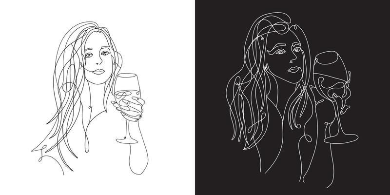 Woman with glass of wine set. Continuous line, one line, drawing of face and hairstyle, fashion concept, beauty minimalist, vector stock illustration for tshirt, slogan design print graphics style