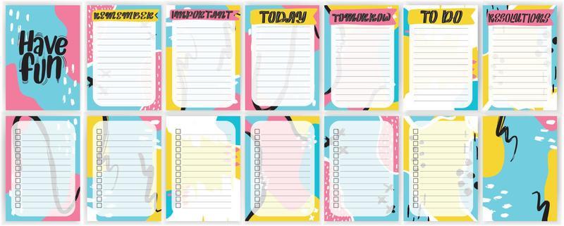 Templates set for notes, to do, check lists. Organizer,planner with retro background and trendy lettering. Memphis style. Vector stock illustration. Remember, important, resolutions, today, tomorrow.