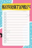 Resolutions. To do list with retro background and trendy lettering. Memphis style. Template for agenda, planners, check lists, and other stationery. Isolated. Vector stock illustration.