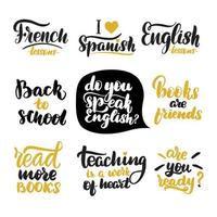 Back to school quotes set. Inspirational handwritten brush lettering. Vector calligraphy stock illustration isolated on white. Typography for banners, badges, postcard, tshirt, prints.