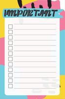 Important. To do list with retro background and trendy lettering. Memphis style. Template for agenda, planners, check lists, and other stationery. Isolated. Vector stock illustration.