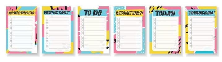 Templates set for notes, to do, check lists. Organizer,planner with retro background and trendy lettering. Memphis style. Vector stock illustration. Remember, important, resolutions, today, tomorrow.