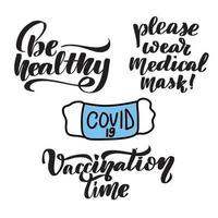 Inspirational handwritten brush lettering set about quarantine covid-19. Vector calligraphy stock illustration isolated on white background. Typography for banners, badges, postcard, tshirt, prints.