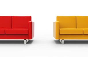 Extremely long red and yellow sofa isolated on white background. 3d rendering photo