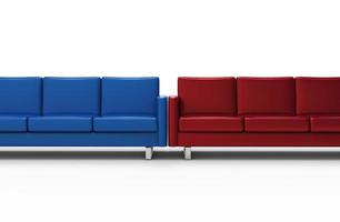 Extremely long red and blue sofa isolated on white background. 3d rendering photo