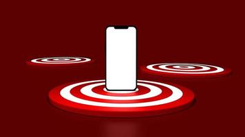 Smartphone on the dartboard in red background. Business concept. 3D Illustration. photo