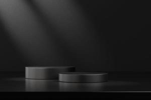 Black podium for product display on black background. 3D rendering. photo