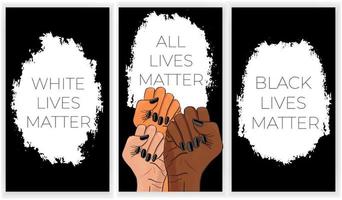 Para el racismo. las vidas de los negros son importantes. gesto de brazo afroamericano. contra la discriminación, ayuda para combatir el afiche del racismo, pancarta de aceptación de la tolerancia. Ilustración de stock de vector de plantilla de igualdad de personas.