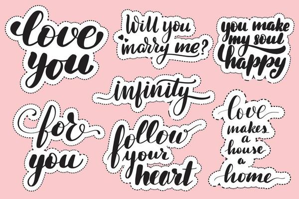 Set of handwritten lettering labels. Stickers with hand drawn typography inscriptions. Great vector stock calligraphy illustrations for handmade and scrapbooking, diaries, cards, badges, social media.