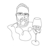 línea continua, una línea, dibujo de cara y peinado, concepto de moda, hombre con retrato de copa de vino, minimalista, ilustración de stock vectorial para camiseta, estilo gráfico de diseño impreso, barbería vector