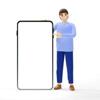 Man standing presents next to a large phone with a white screen. photo