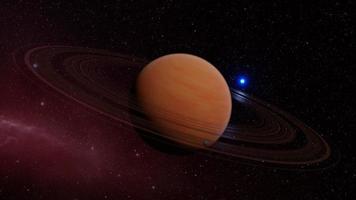 Gas giant planet in deep space. Saturn planet and rings close-up. Space science fiction background, gas giant in a dark sky. 3D illustration photo