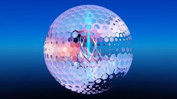 Clear Glass Ball with particles Hexagon halftone pattern grid elements on dark blue background. High resolution. 3D illustration photo