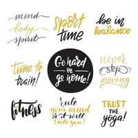 conjunto de citas deportivas de fitness. Letras de pincel escritas a mano inspiradoras. ilustración de stock de caligrafía vectorial aislada en blanco. tipografía para pancartas, insignias, postales, camisetas, estampados. vector