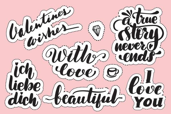Set of handwritten lettering labels. Stickers with hand drawn typography inscriptions. Great vector stock calligraphy illustrations for handmade and scrapbooking, diaries, cards, badges, social media.