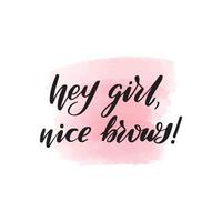 Handwritten brush lettering hey girl nice brows. Vector calligraphy illustration with pink watercolor stain on background. Textile graphic, tshirt print.