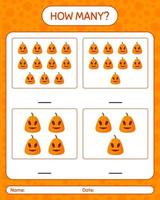 How many counting game with jack o' lantern. worksheet for preschool kids, kids activity sheet vector