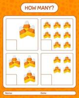 How many counting game with candy corn. worksheet for preschool kids, kids activity sheet vector