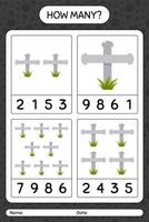 How many counting game with tombstone. worksheet for preschool kids, kids activity sheet vector