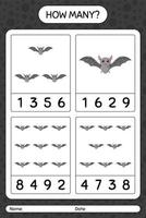 How many counting game with bat. worksheet for preschool kids, kids activity sheet vector