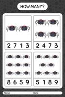 How many counting game with spider. worksheet for preschool kids, kids activity sheet vector