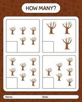 How many counting game with tree. worksheet for preschool kids, kids activity sheet vector