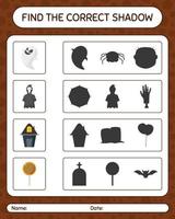 encuentra el juego de sombras correcto con el icono de halloween. hoja de trabajo para niños en edad preescolar, hoja de actividades para niños vector