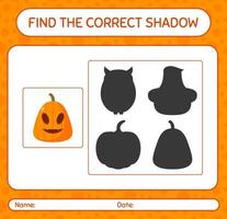 Find the correct shadows game with jack o' lantern. worksheet for preschool kids, kids activity sheet vector