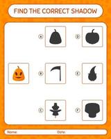 Find the correct shadows game with jack o' lantern. worksheet for preschool kids, kids activity sheet vector