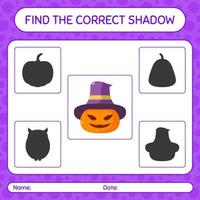 encuentra el juego de sombras correcto con jack o 'lantern. hoja de trabajo para niños en edad preescolar, hoja de actividades para niños vector