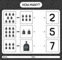 How many counting game with tombstone. worksheet for preschool kids, kids activity sheet vector