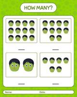 How many counting game with zombie. worksheet for preschool kids, kids activity sheet vector