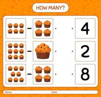 How many counting game with cupcake. worksheet for preschool kids, kids activity sheet vector