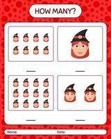 How many counting game with witch. worksheet for preschool kids, kids activity sheet vector