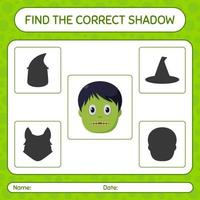 Find the correct shadows game with zombie. worksheet for preschool kids, kids activity sheet vector