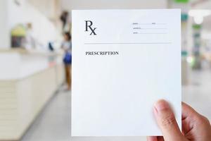 hand hold prescription paper with hospital background photo