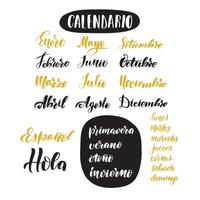 Nombres de meses, estaciones y días de la semana en español. Letras de pincel escritas a mano inspiradoras. ilustración de stock de caligrafía vectorial. tipografía para pancartas, insignias, postales, camisetas, estampados. vector