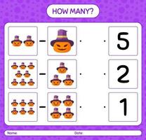 How many counting game with jack o' lantern. worksheet for preschool kids, kids activity sheet vector