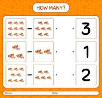 How many counting game with candy. worksheet for preschool kids, kids activity sheet vector