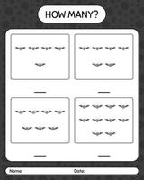 How many counting game with bat. worksheet for preschool kids, kids activity sheet vector