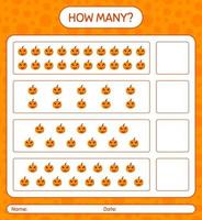 How many counting game with jack o' lantern. worksheet for preschool kids, kids activity sheet vector