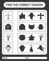 encuentra el juego de sombras correcto con el icono de halloween. hoja de trabajo para niños en edad preescolar, hoja de actividades para niños vector