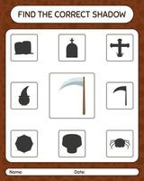 Find the correct shadows game with scythe. worksheet for preschool kids, kids activity sheet vector