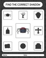 Find the correct shadows game with spider. worksheet for preschool kids, kids activity sheet vector