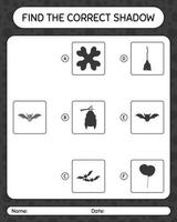 Find the correct shadows game with bat. worksheet for preschool kids, kids activity sheet vector