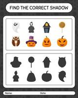 Find the correct shadows game with halloween icon. worksheet for preschool kids, kids activity sheet vector